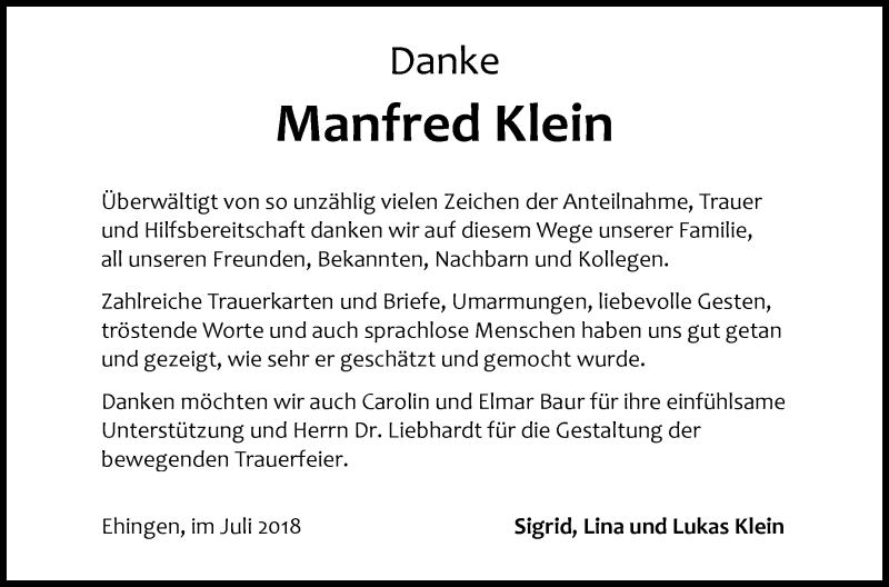  Traueranzeige für Manfred Klein vom 04.07.2018 aus Ehinger Tagblatt