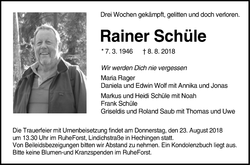  Traueranzeige für Rainer Schüle vom 18.08.2018 aus Hohenzollerische Zeitung