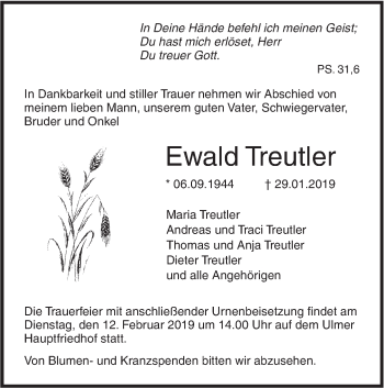 Traueranzeige von Ewald Treutler von SÜDWEST PRESSE Ausgabe Ulm/Neu-Ulm