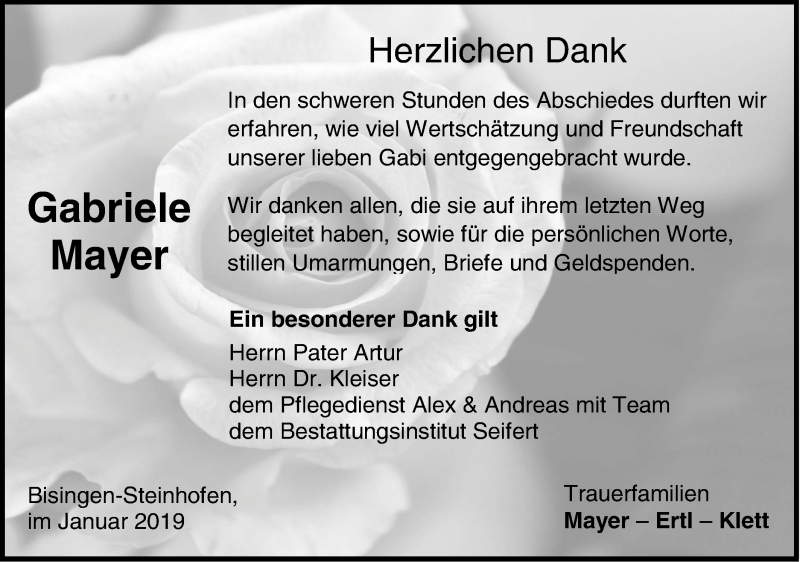  Traueranzeige für Gabriele Mayer vom 25.01.2019 aus Hohenzollerische Zeitung