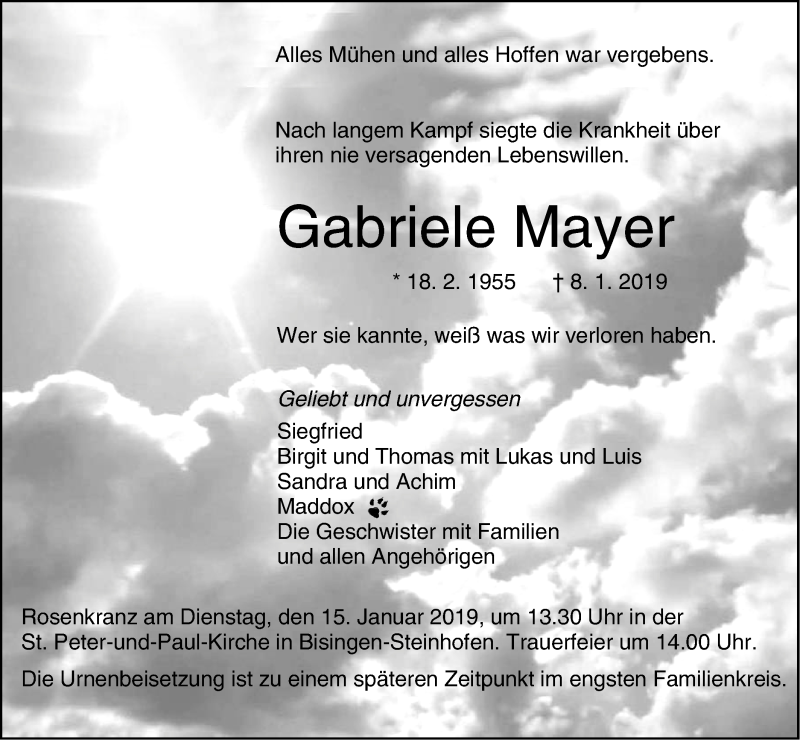  Traueranzeige für Gabriele Mayer vom 11.01.2019 aus Hohenzollerische Zeitung