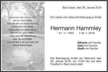 Traueranzeige von Hermann Hammley von Metzinger-Uracher Volksblatt