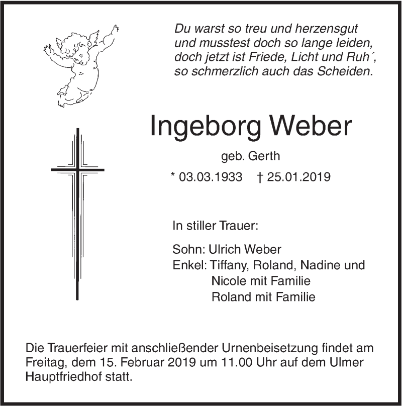  Traueranzeige für Ingeborg Weber vom 12.02.2019 aus SÜDWEST PRESSE Ausgabe Ulm/Neu-Ulm