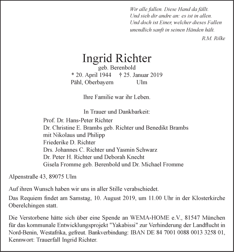  Traueranzeige für Ingrid Richter vom 02.02.2019 aus SÜDWEST PRESSE Ausgabe Ulm/Neu-Ulm