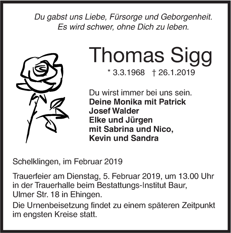  Traueranzeige für Thomas Sigg vom 01.02.2019 aus Ehinger Tagblatt