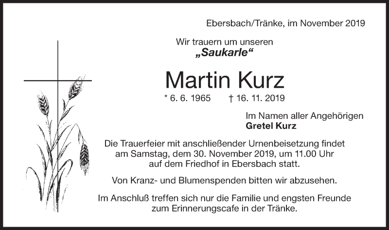  Traueranzeige für Martin Kurz vom 23.11.2019 aus NWZ Neue Württembergische Zeitung