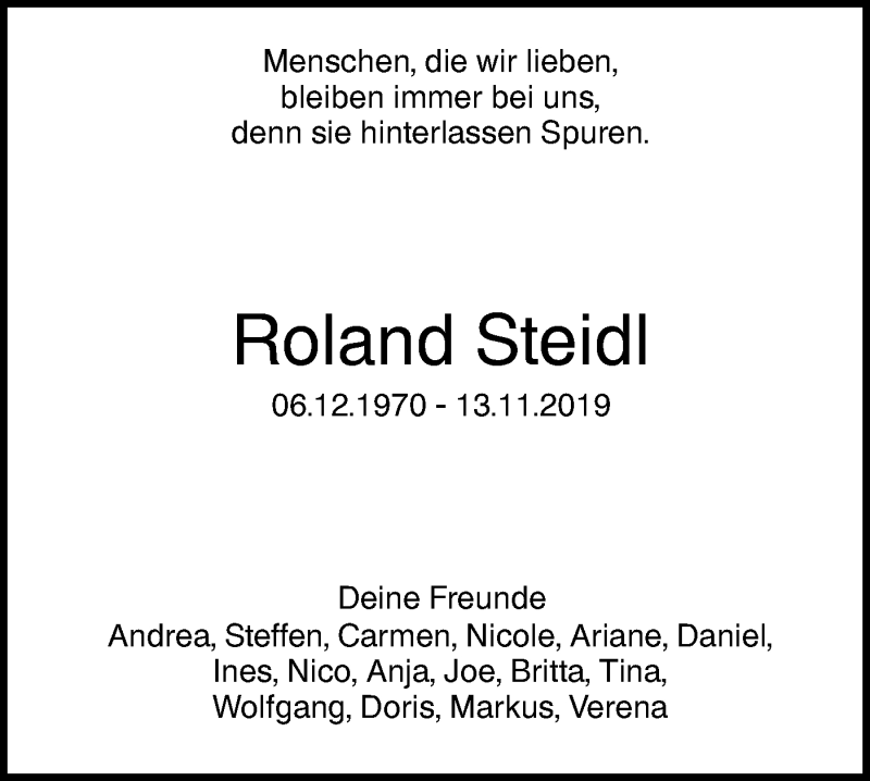  Traueranzeige für Roland Steidl vom 16.11.2019 aus SÜDWEST PRESSE Ausgabe Ulm/Neu-Ulm