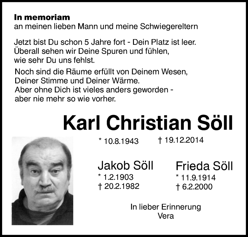  Traueranzeige für Karl Christian Söll vom 20.12.2019 aus SÜDWEST PRESSE