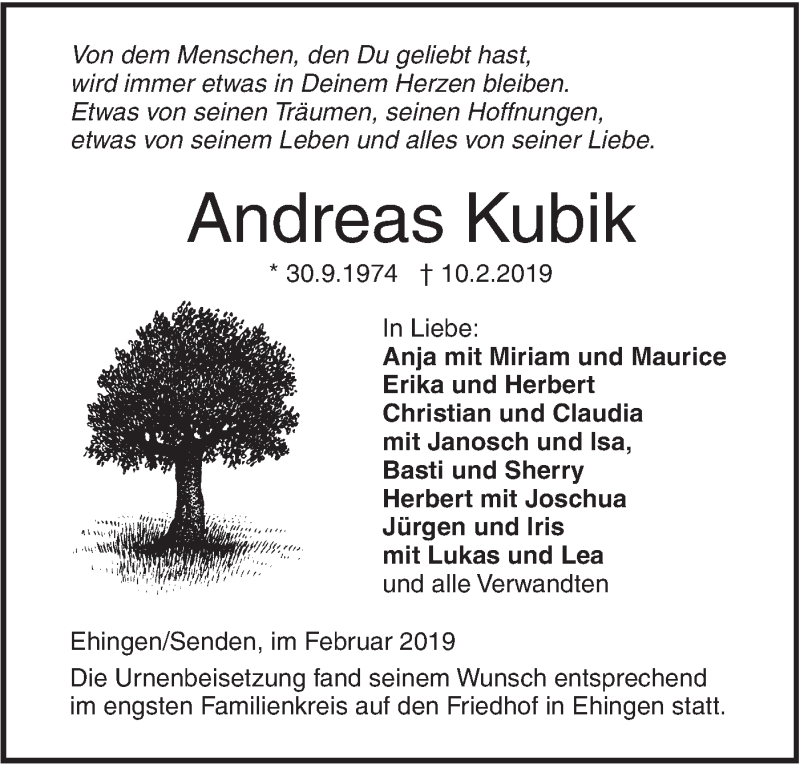 Traueranzeige für Andreas Kubik vom 22.02.2019 aus SÜDWEST PRESSE Ausgabe Ulm/Neu-Ulm