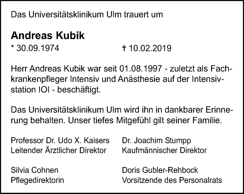  Traueranzeige für Andreas Kubik vom 22.02.2019 aus SÜDWEST PRESSE Ausgabe Ulm/Neu-Ulm