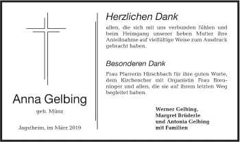 Traueranzeige von Anna Gelbing von Hohenloher Tagblatt