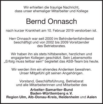 Traueranzeige von Bernd Onnasch von SÜDWEST PRESSE Ausgabe Ulm/Neu-Ulm