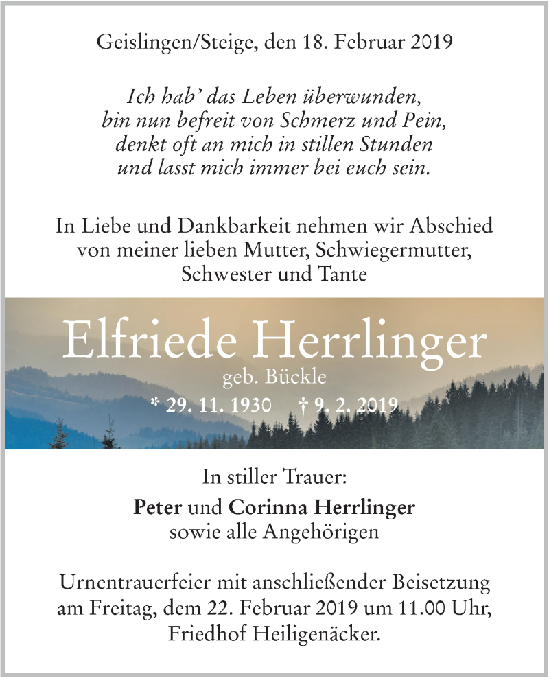  Traueranzeige für Elfriede Herrlinger vom 18.02.2019 aus Geislinger Zeitung