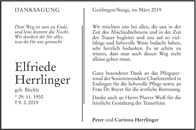  Traueranzeige für Elfriede Herrlinger vom 02.03.2019 aus Geislinger Zeitung
