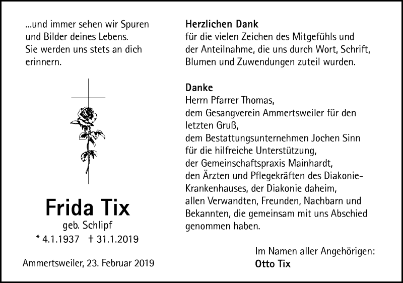  Traueranzeige für Frida Tix vom 23.02.2019 aus Haller Tagblatt
