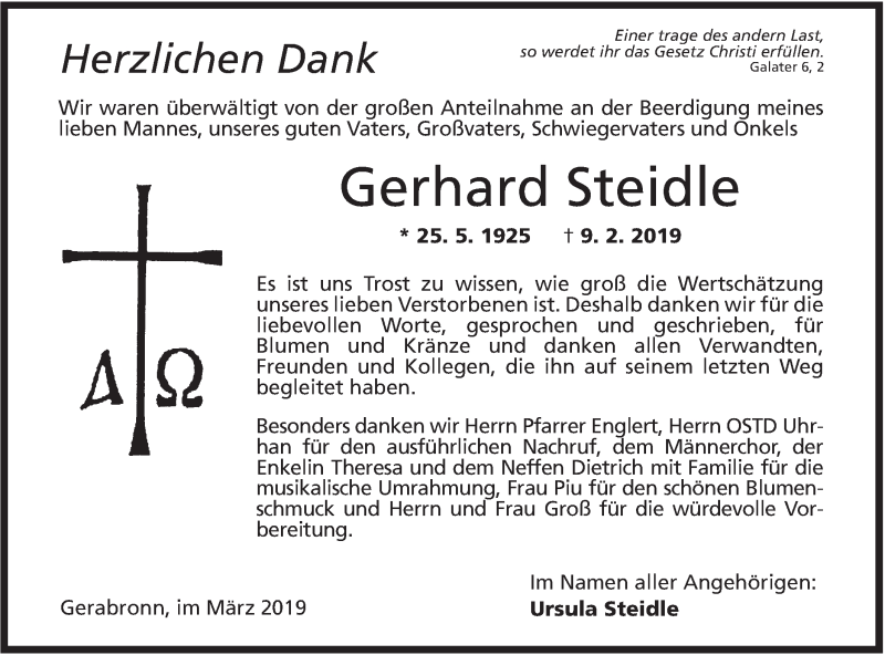  Traueranzeige für Gerhard Steidle vom 02.03.2019 aus Hohenloher Tagblatt