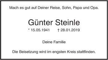 Traueranzeige von Günter Steinle von SÜDWEST PRESSE Ausgabe Ulm/Neu-Ulm