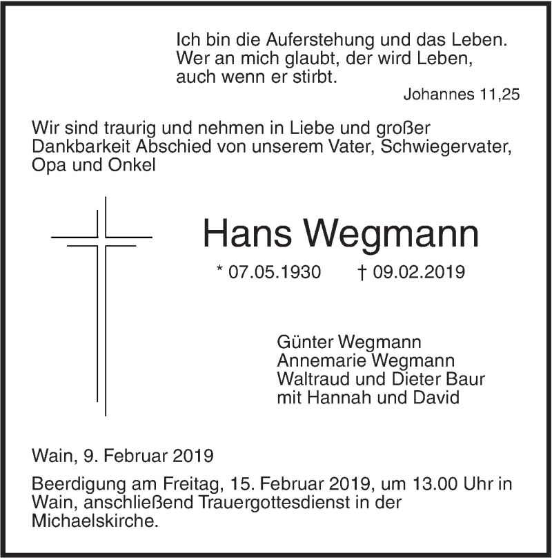  Traueranzeige für Hans Wegmann vom 12.02.2019 aus Illertal Bote