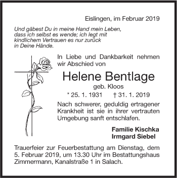 Traueranzeige von Helene Bentlage von NWZ Neue Württembergische Zeitung