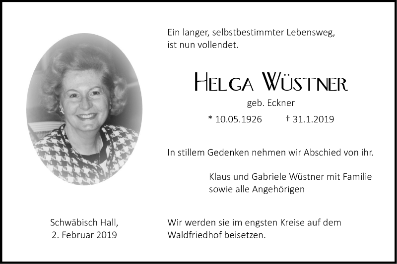  Traueranzeige für Helga Wüstner vom 02.02.2019 aus Haller Tagblatt
