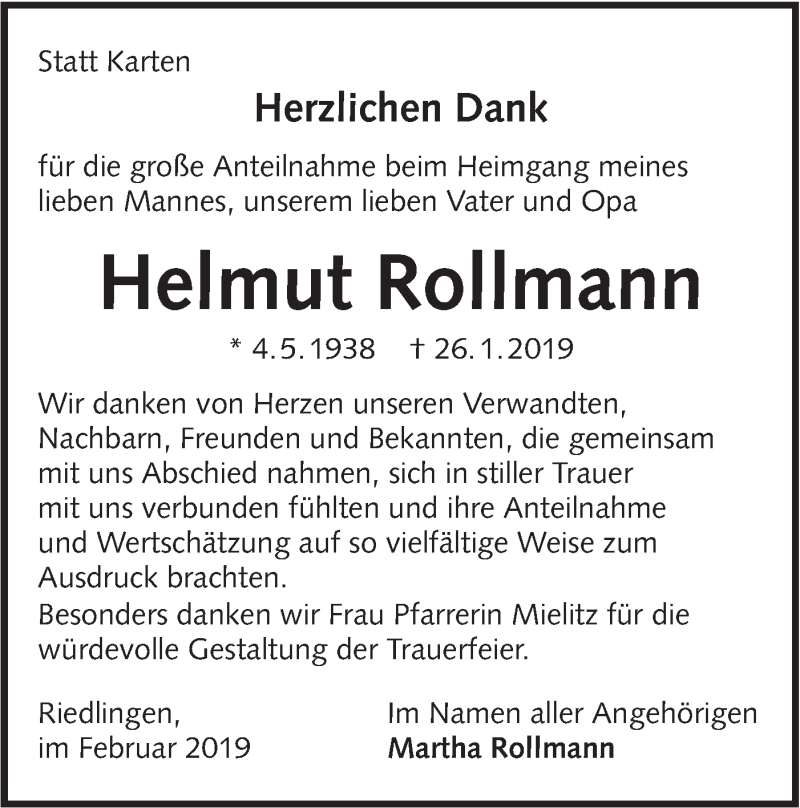  Traueranzeige für Helmut Rollmann vom 21.02.2019 aus Alb-Bote/Metzinger-Uracher Volksblatt