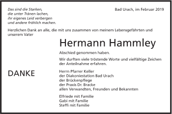 Traueranzeige von Hermann Hammley von Metzinger-Uracher Volksblatt