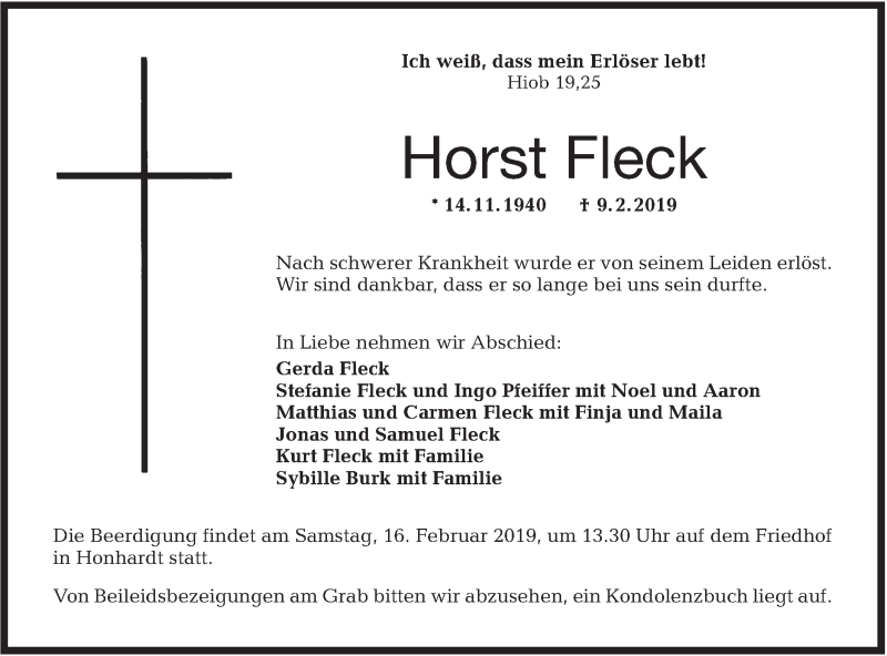  Traueranzeige für Horst Fleck vom 14.02.2019 aus Hohenloher Tagblatt
