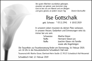 Traueranzeige von Ilse Gottschalk von Haller Tagblatt