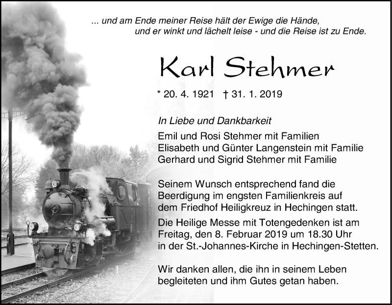  Traueranzeige für Karl Stehmer vom 06.02.2019 aus Hohenzollerische Zeitung