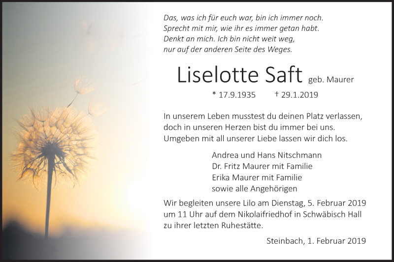  Traueranzeige für Liselotte Saft vom 01.02.2019 aus Haller Tagblatt