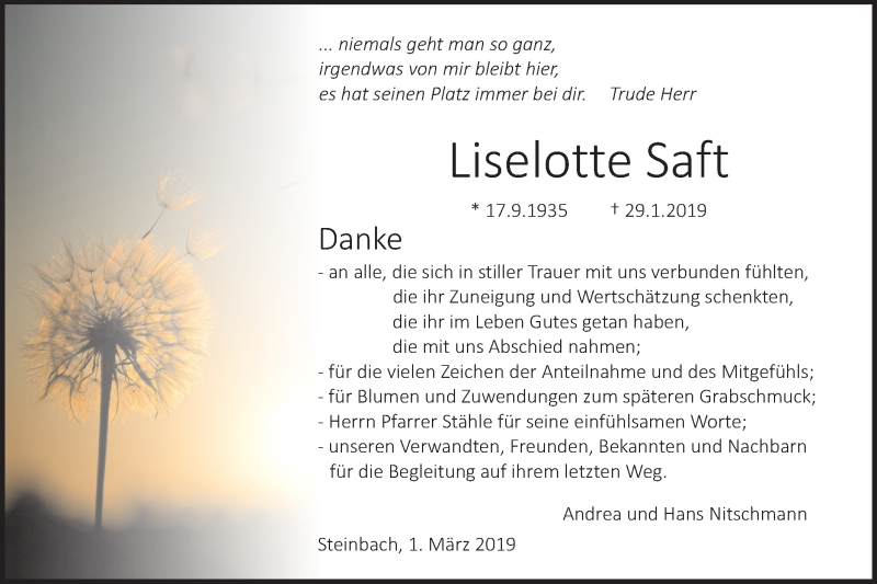  Traueranzeige für Liselotte Saft vom 01.03.2019 aus Haller Tagblatt
