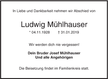 Traueranzeige von Ludwig Mühlhauser von SÜDWEST PRESSE Ausgabe Ulm/Neu-Ulm