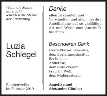 Traueranzeige von Luzia Schlegel von Hohenloher Tagblatt