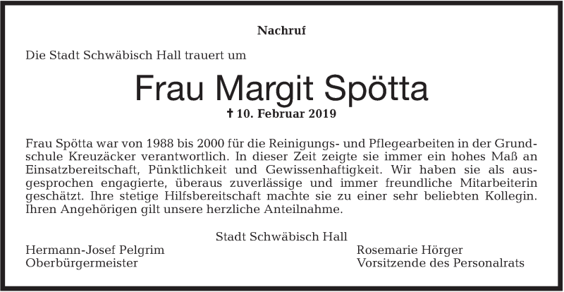  Traueranzeige für Margit Spötta vom 15.02.2019 aus Haller Tagblatt
