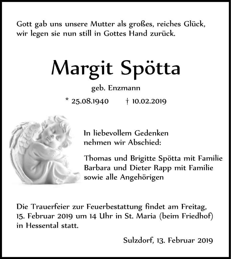  Traueranzeige für Margit Spötta vom 13.02.2019 aus Haller Tagblatt