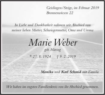 Traueranzeige von Marie Weber von Geislinger Zeitung