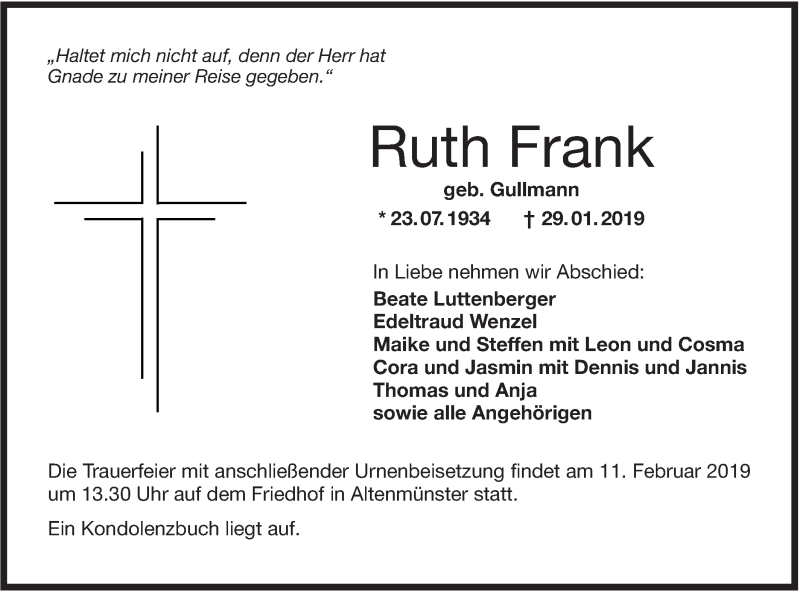  Traueranzeige für Ruth Frank vom 07.02.2019 aus Hohenloher Tagblatt