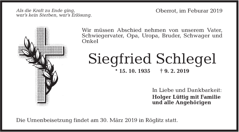  Traueranzeige für Siegfried Schlegel vom 23.02.2019 aus Rundschau Gaildorf