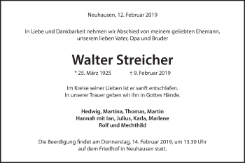 Traueranzeige von Walter Streicher von Metzinger-Uracher Volksblatt