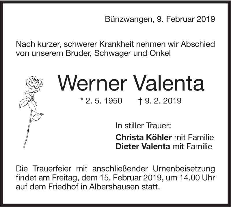  Traueranzeige für Werner Valenta vom 13.02.2019 aus NWZ Neue Württembergische Zeitung