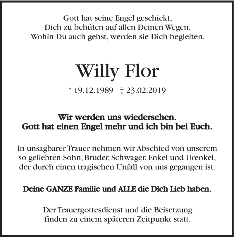  Traueranzeige für Willy Flor vom 28.02.2019 aus SÜDWEST PRESSE Ausgabe Ulm/Neu-Ulm