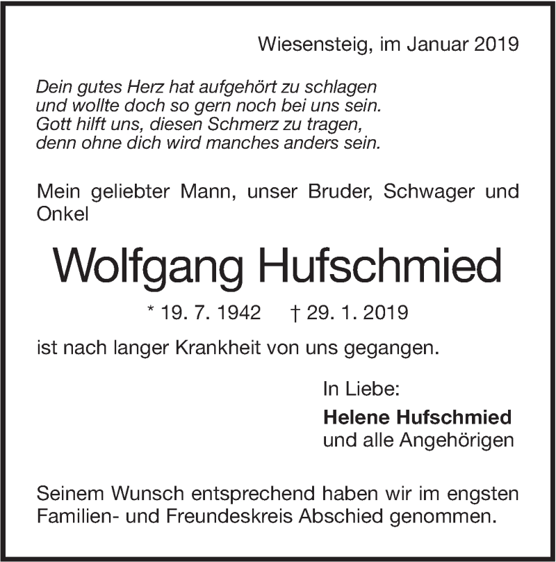  Traueranzeige für Wolfgang Hufschmied vom 07.02.2019 aus Geislinger Zeitung