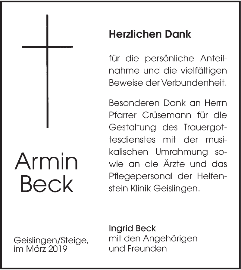  Traueranzeige für Armin Beck vom 12.03.2019 aus Geislinger Zeitung