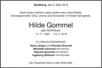 Traueranzeige von Hilde Gommel von Geislinger Zeitung