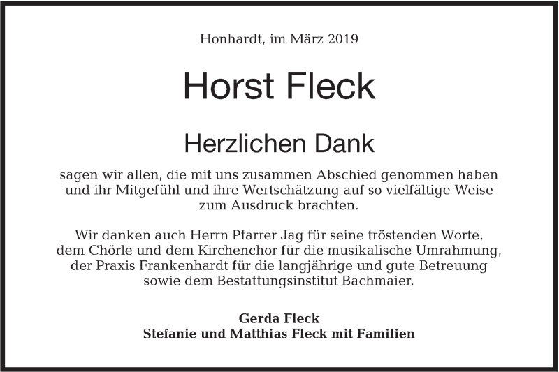  Traueranzeige für Horst Fleck vom 13.03.2019 aus Hohenloher Tagblatt