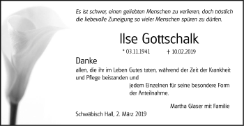 Traueranzeige von Ilse Gottschalk von Haller Tagblatt