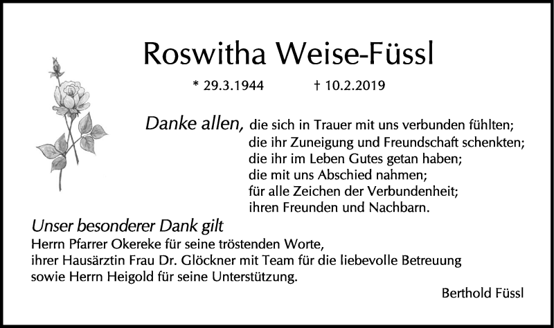  Traueranzeige für Roswitha Weise-Füssl vom 09.03.2019 aus Haller Tagblatt
