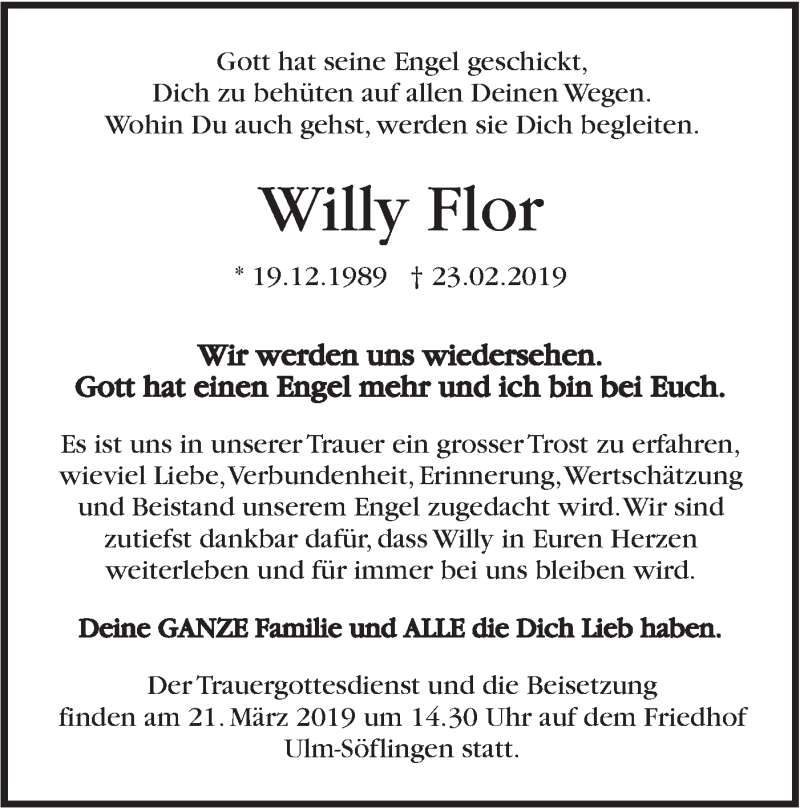  Traueranzeige für Willy Flor vom 09.03.2019 aus SÜDWEST PRESSE Ausgabe Ulm/Neu-Ulm