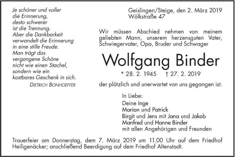  Traueranzeige für Wolfgang Binder vom 02.03.2019 aus Geislinger Zeitung