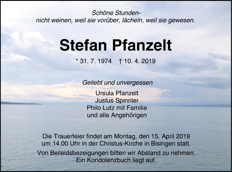  Traueranzeige für Stefan Pfanzelt vom 12.04.2019 aus Hohenzollerische Zeitung
